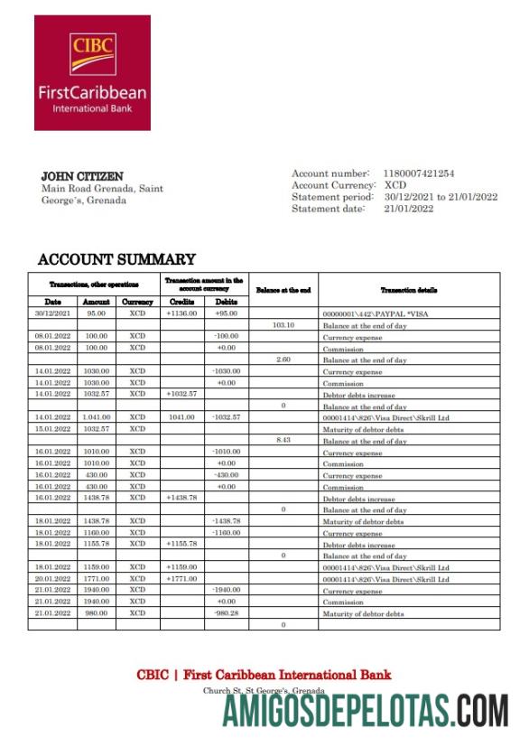 Grenada CBIC modelo de extrato bancário